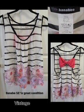 Vintage Banabee White & Pink Floral Striped Tank Top with Bow